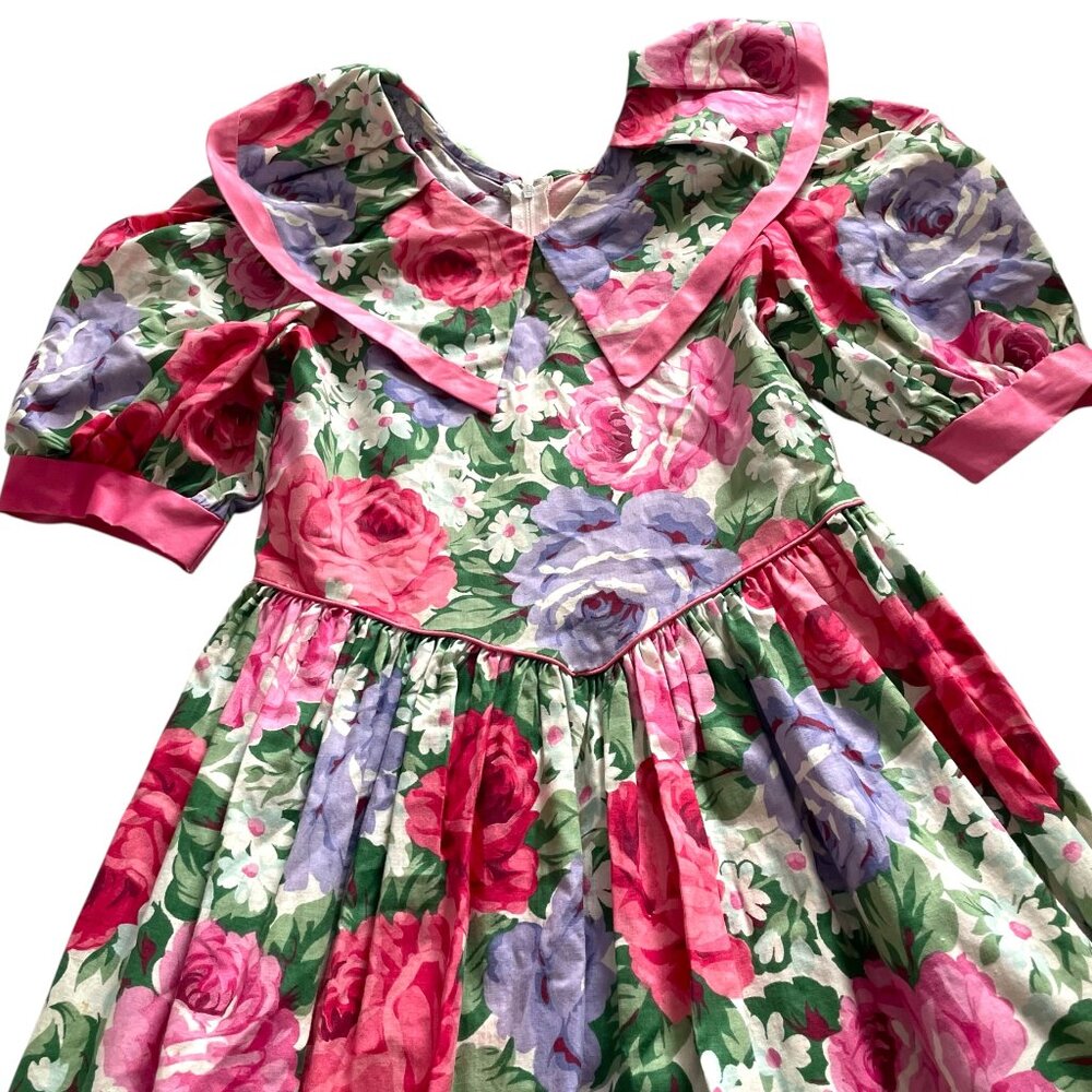 Vintage 90s Ruth of Carolina Tea Party Dress Sz 14 Pink Floral Puff Sleeves